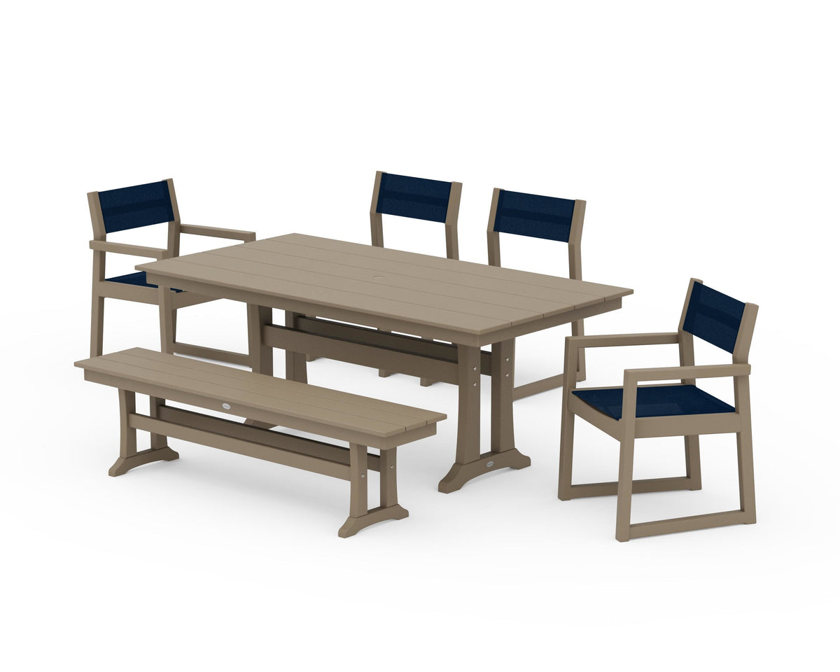 POLYWOOD EDGE Sling 6-Piece Farmhouse Dining Set With Trestle Legs in Vintage Sahara / Navy Blue