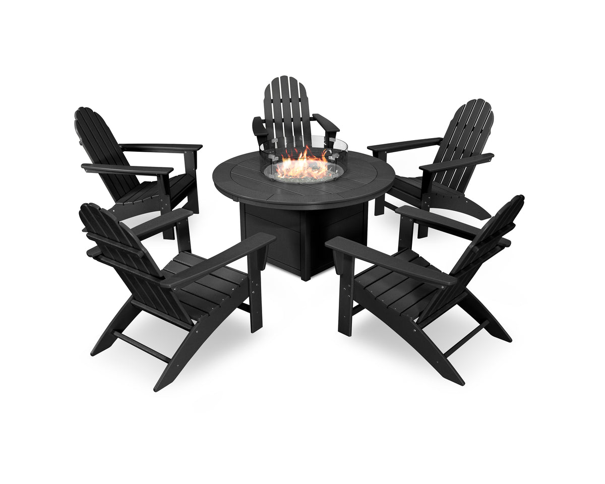 POLYWOOD Vineyard Adirondack 6-Piece Chat Set with Fire Pit Table in Black