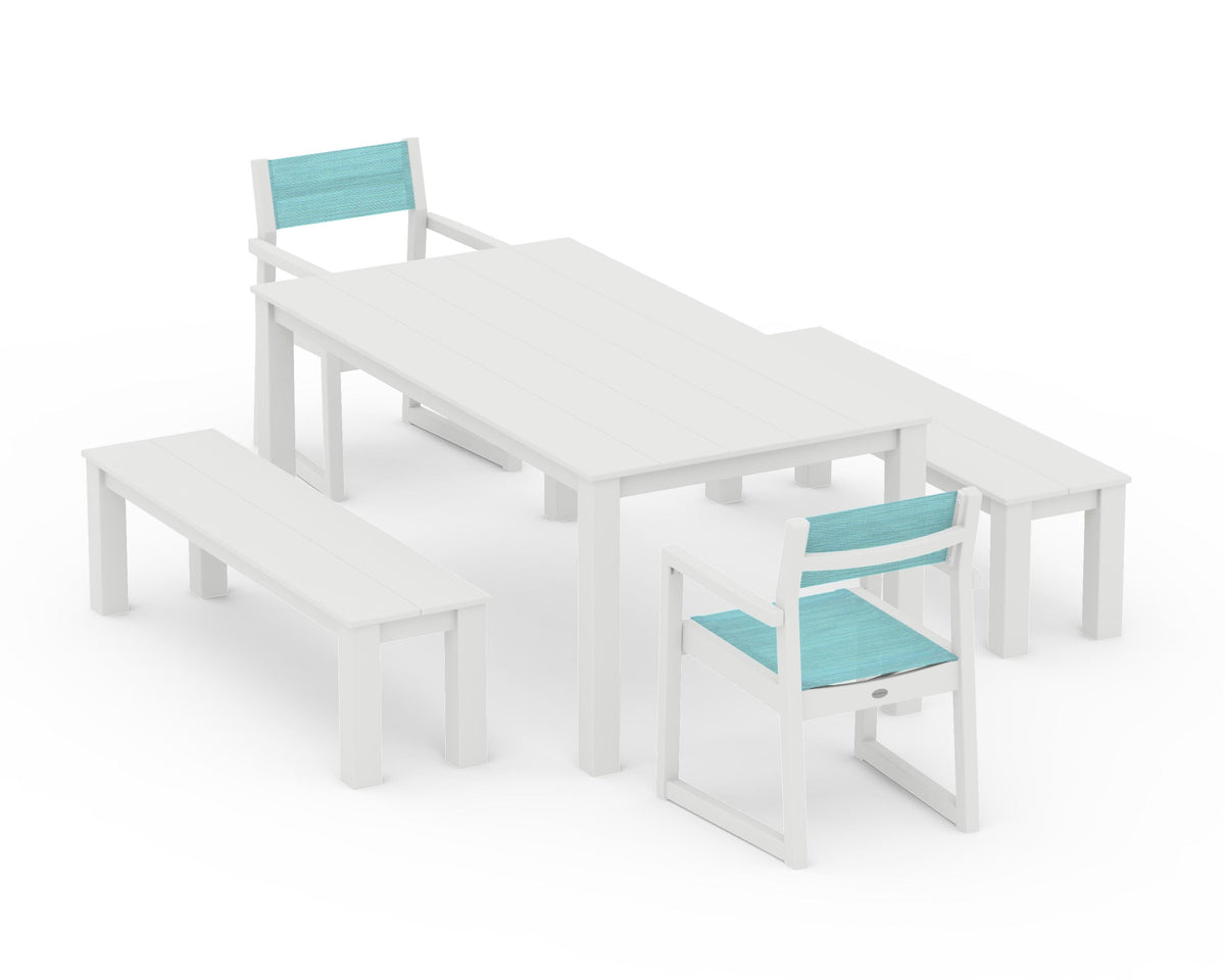 POLYWOOD EDGE Sling Arm Chair 5-Piece Parsons Dining Set with Benches in Vintage White / Dupioni Aquamarine