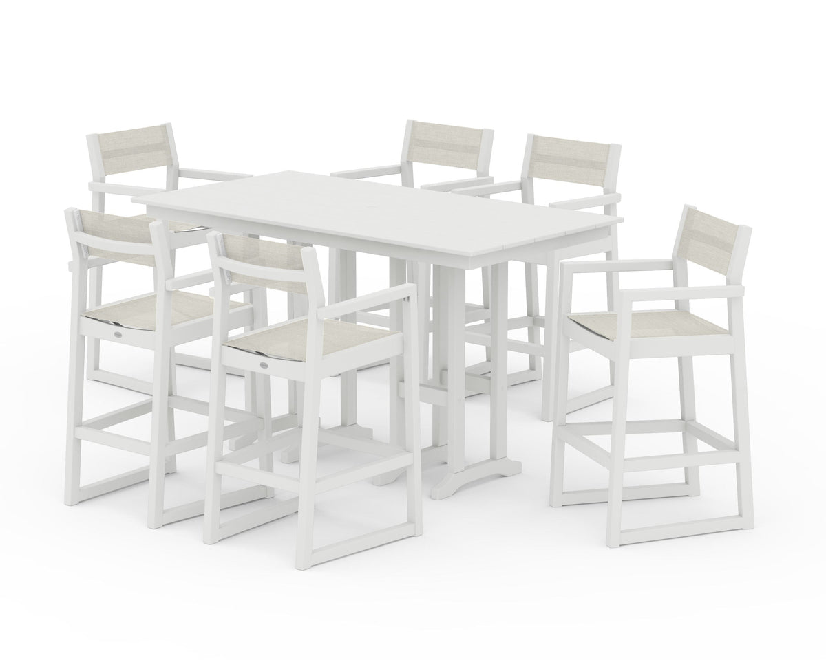 POLYWOOD EDGE Sling Arm Chair 7-Piece Farmhouse Bar Set in Vintage White / Parchment