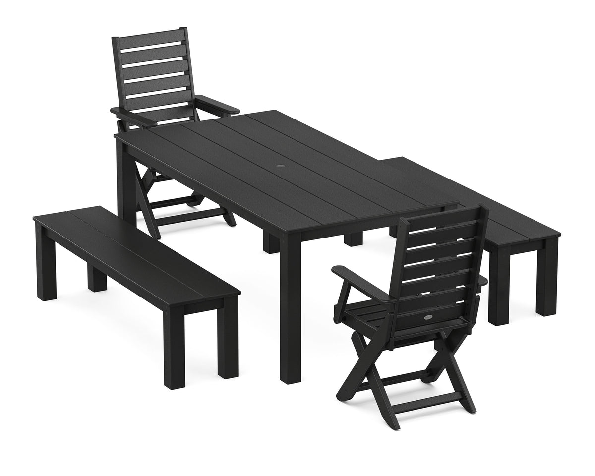 POLYWOOD Captain Folding Chair 5-Piece Parsons Dining Set with Benches in Black