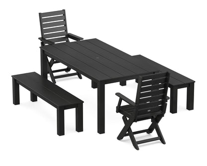 POLYWOOD Captain Folding Chair 5-Piece Parsons Dining Set with Benches in Black