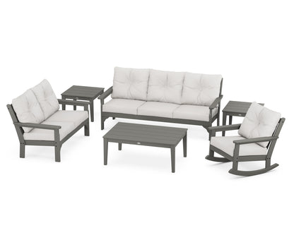 POLYWOOD Vineyard 6-Piece Deep Seating Set with Rocking Chair in Slate Grey / Natural Linen