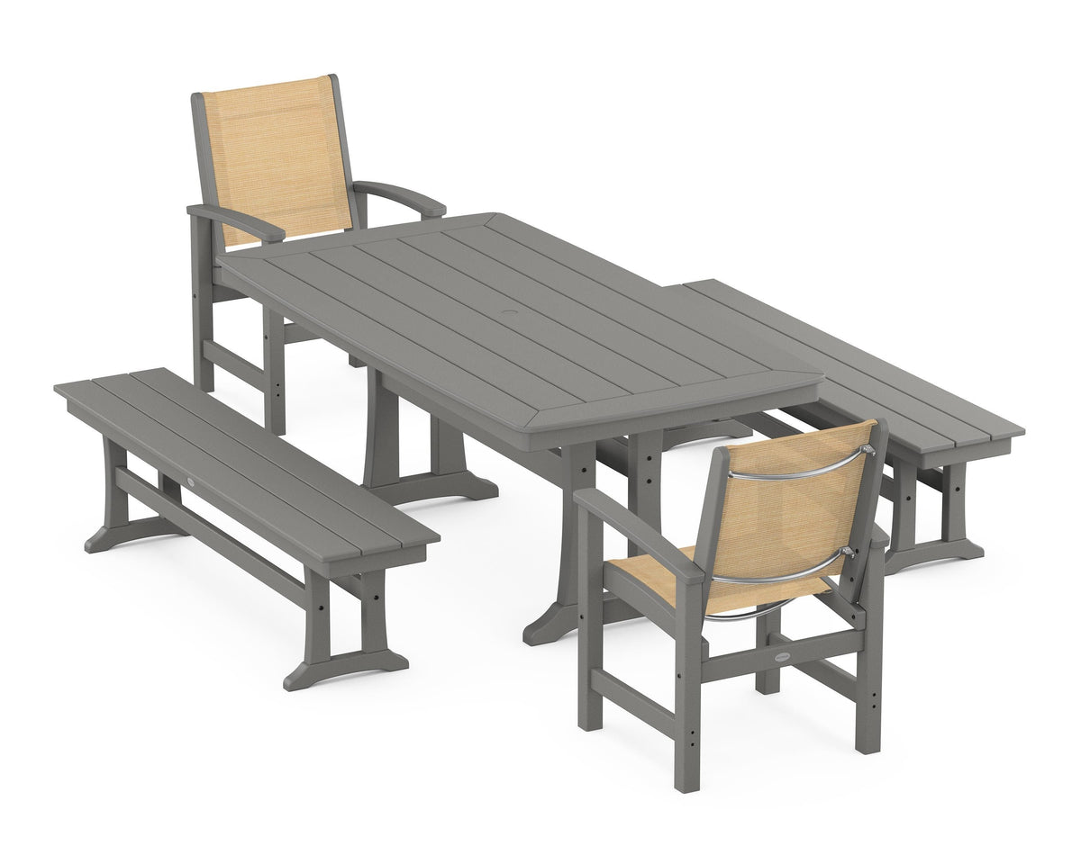 POLYWOOD Coastal 5-Piece Dining Set with Trestle Legs and Benches in Slate Grey / Dupioni Apricot