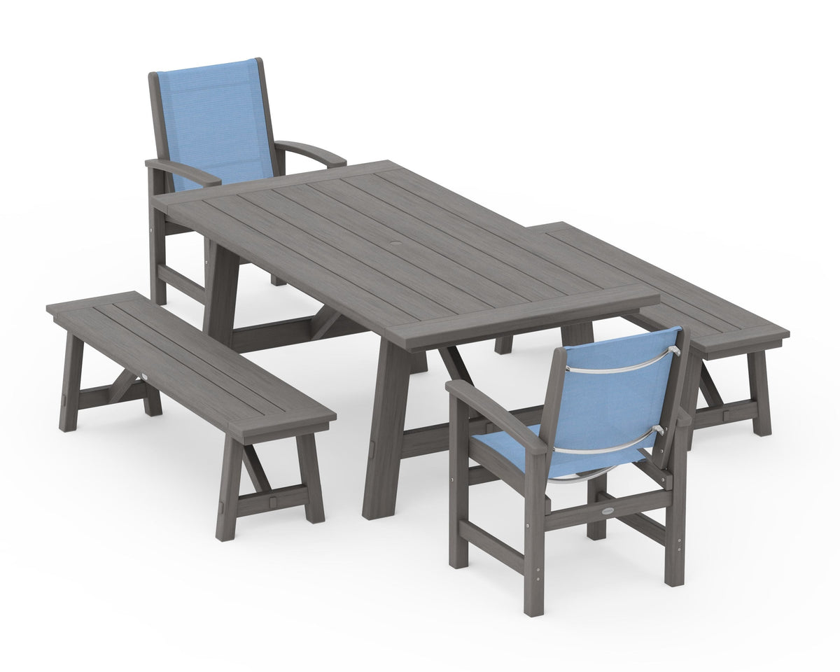 POLYWOOD Coastal 5-Piece Rustic Farmhouse Dining Set With Benches in Driftwood / Poolside