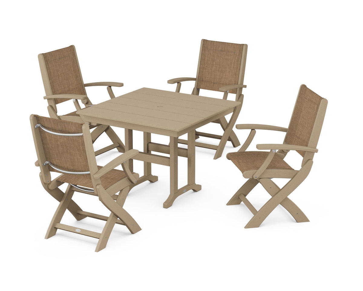 POLYWOOD Coastal Folding Chair 5-Piece Farmhouse Dining Set in Vintage Sahara / Burlap