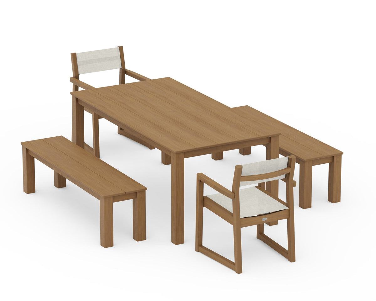 POLYWOOD EDGE Sling Arm Chair 5-Piece Parsons Dining Set with Benches in Natural / Parchment