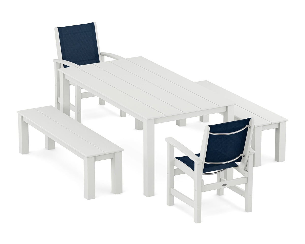POLYWOOD Coastal 5-Piece Parsons Dining Set with Benches in White / Navy Blue