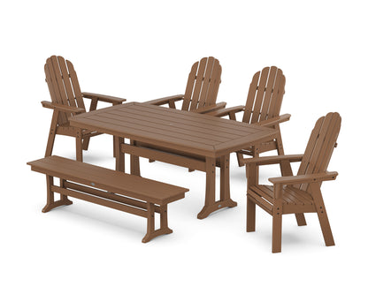 POLYWOOD Vineyard Curveback Adirondack Chair 6-Piece Dining Set with Trestle Legs and Bench in Teak