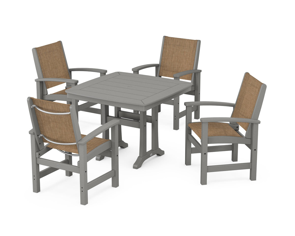 POLYWOOD Coastal 5-Piece Dining Set with Trestle Legs with Nautical Trestle 37" Dining Table in Slate Grey / Burlap