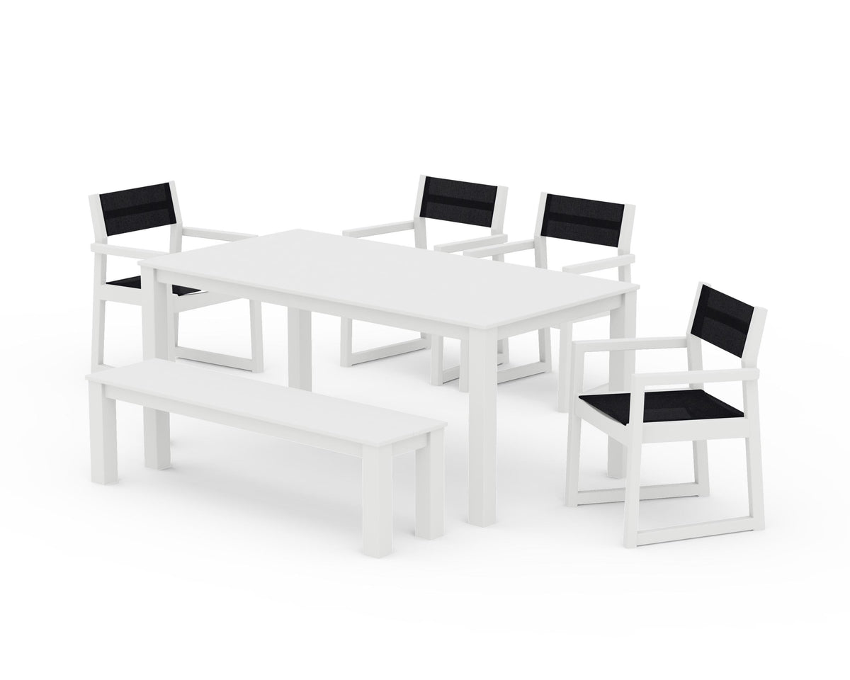 POLYWOOD EDGE Sling Arm Chair 6-Piece Parsons Dining Set with Bench in White / Black