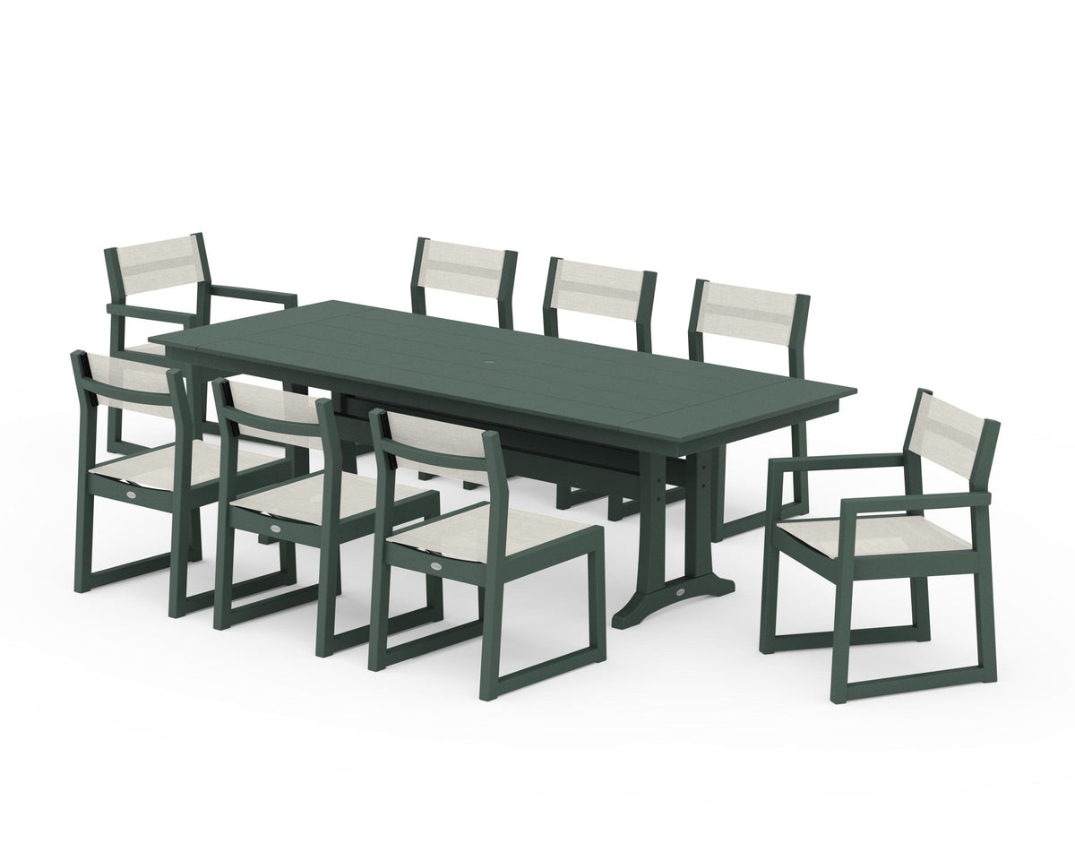 POLYWOOD EDGE Sling 9-Piece Farmhouse Trestle Dining Set in Green / Parchment