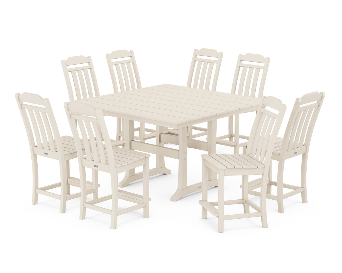 POLYWOOD Country Living Cottage 9-Piece Square Farmhouse Side Chair Counter Set with Trestle Legs in Sand