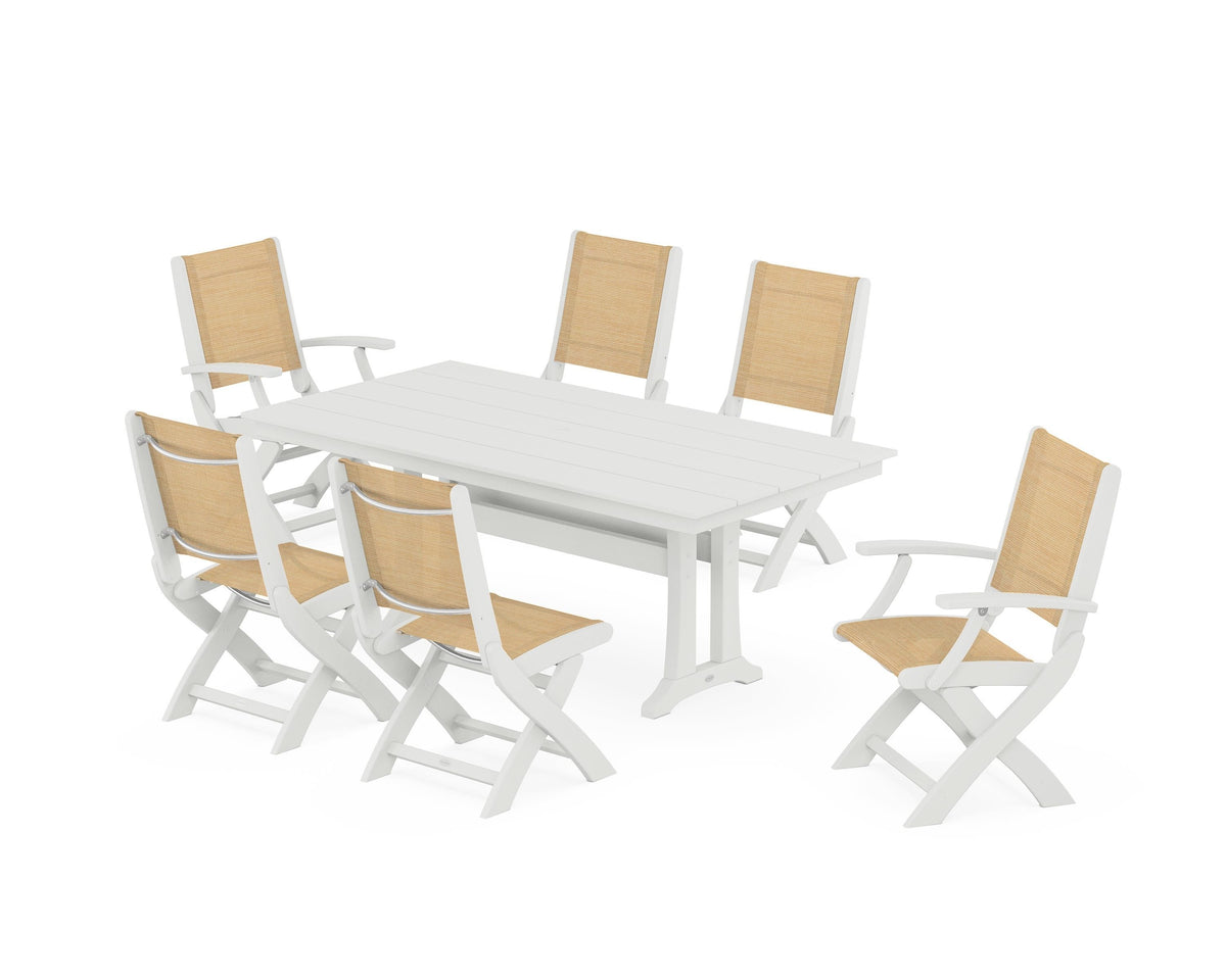 POLYWOOD Coastal Folding Chair 7-Piece Farmhouse Dining Set with Trestle Legs in Vintage White / Dupioni Apricot