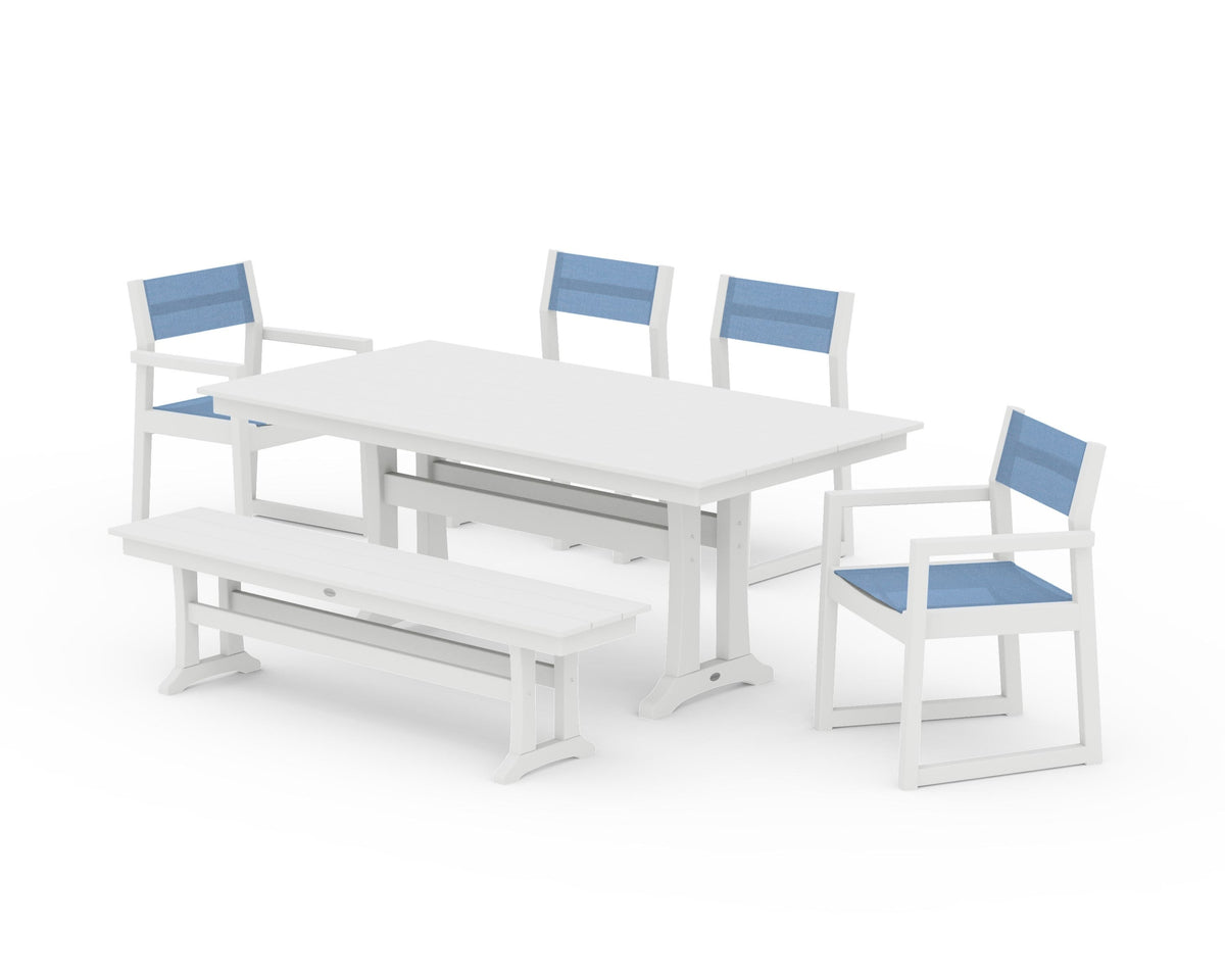 POLYWOOD EDGE Sling 6-Piece Farmhouse Dining Set With Trestle Legs in White / Poolside