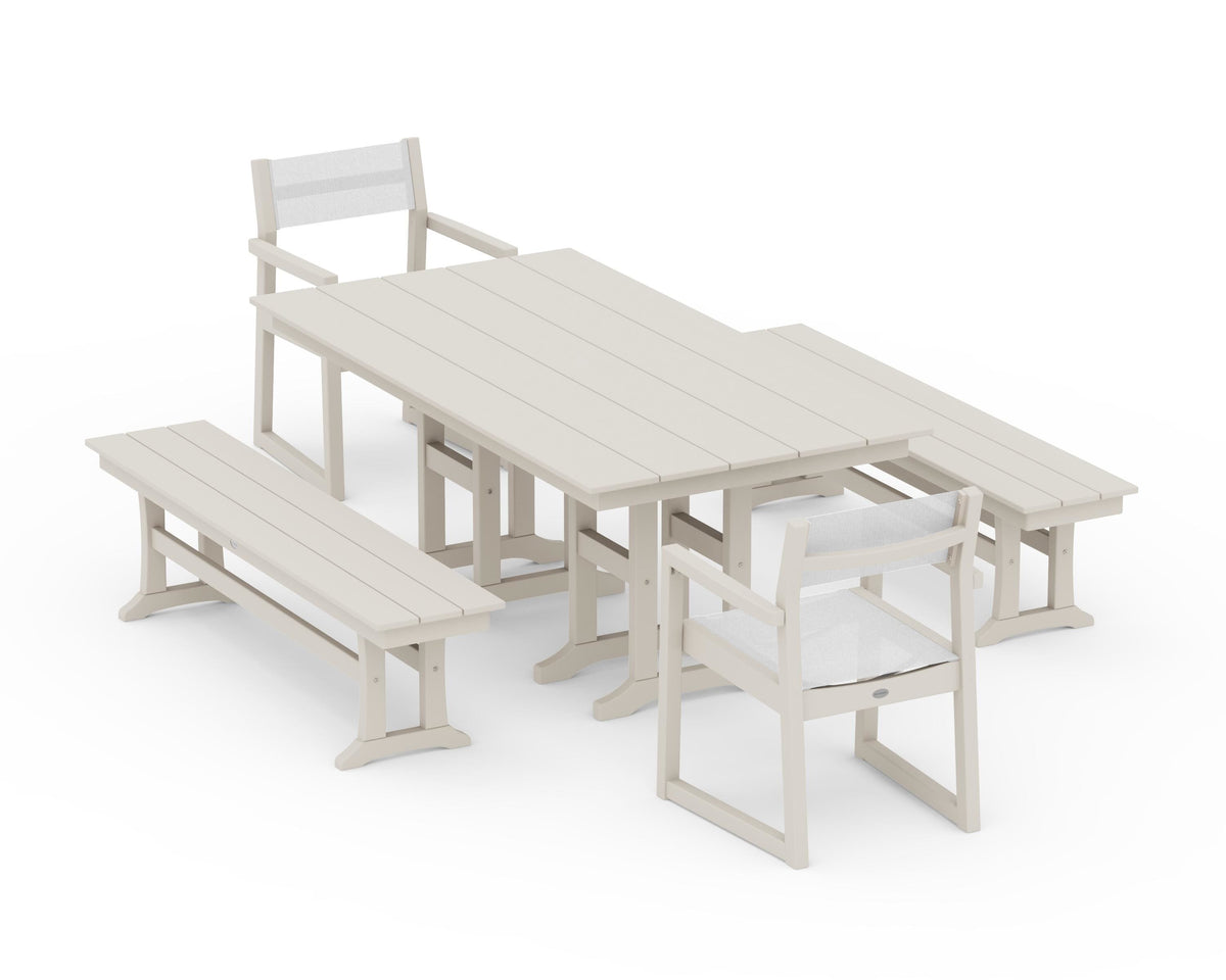 POLYWOOD EDGE Sling Arm Chair 5-Piece Farmhouse Dining Set with Benches in Sand / White