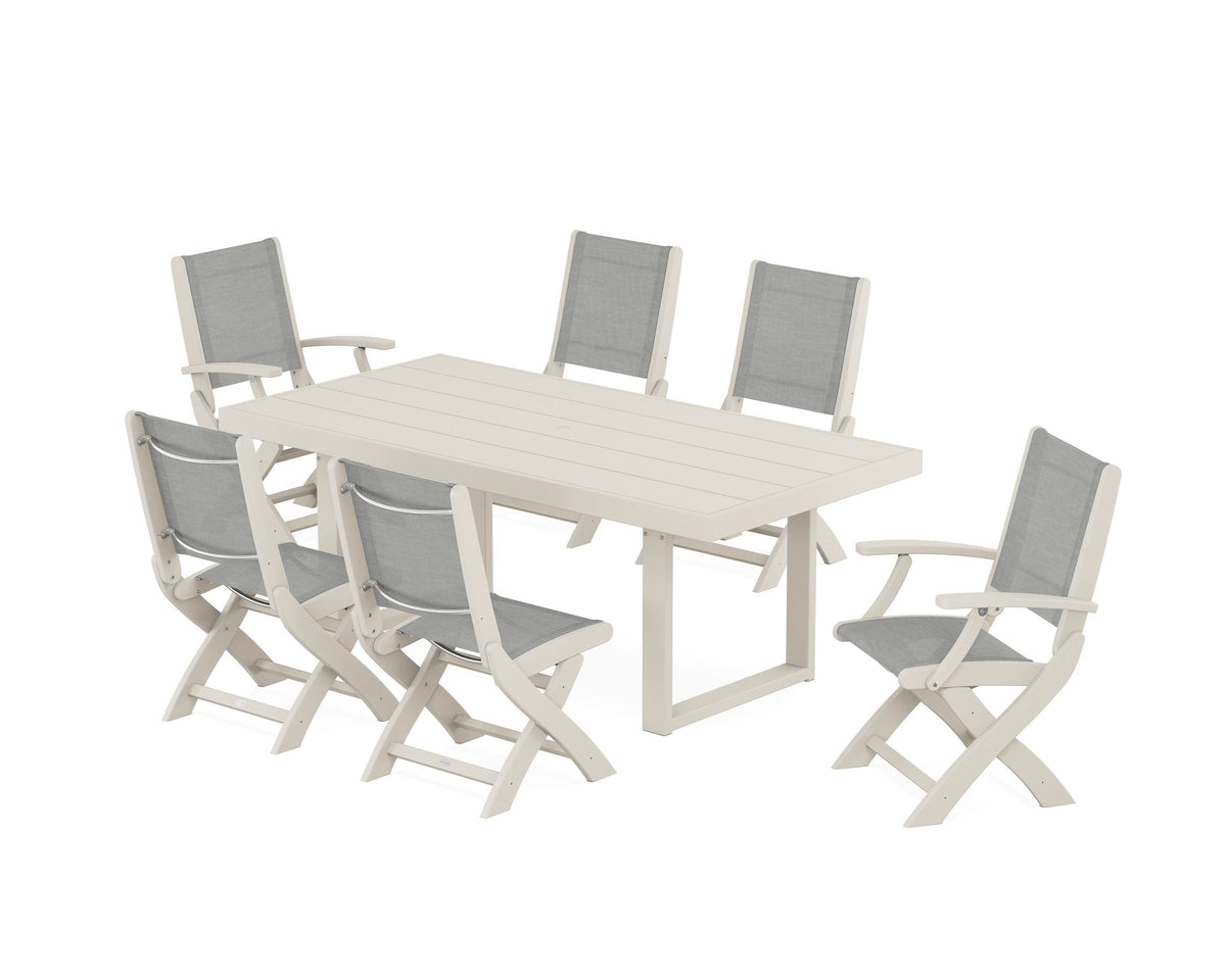 POLYWOOD Coastal Folding Chair 7-Piece Dining Set with Trestle Legs with EDGE 40" x 78" Dining Table in Sand / Metallic
