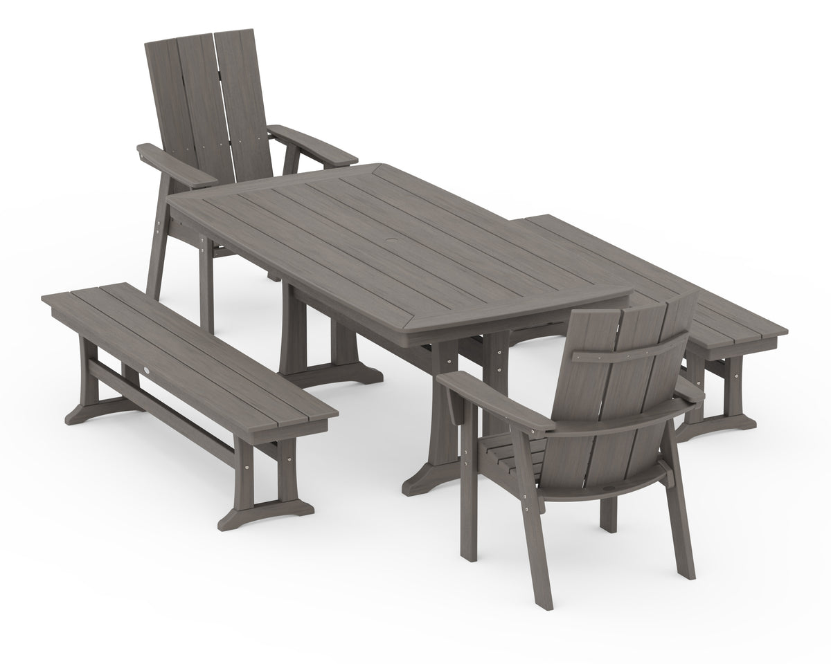 POLYWOOD Modern Curveback Adirondack 5-Piece Dining Set with Trestle Legs in Driftwood