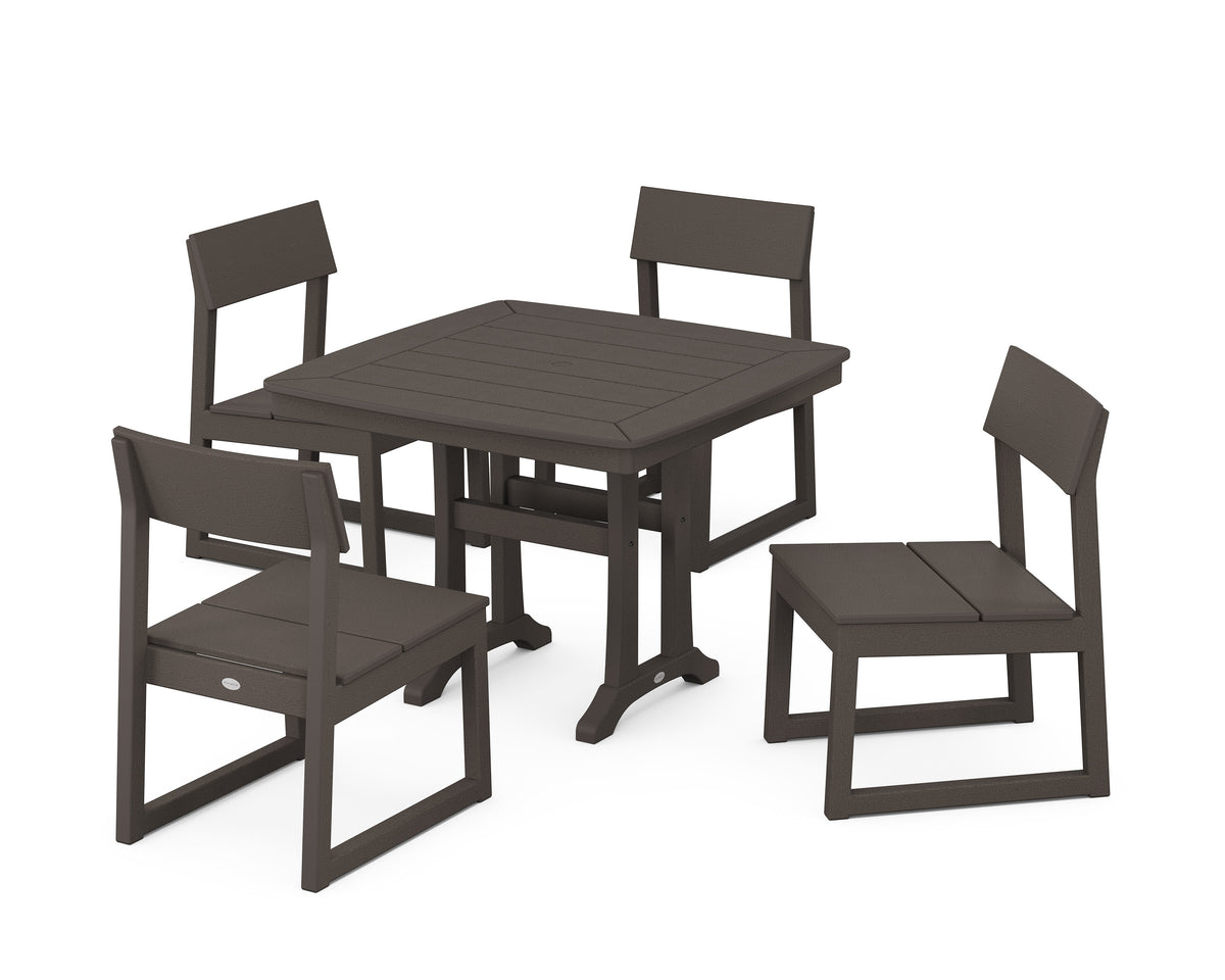 POLYWOOD EDGE Side Chair 5-Piece Dining Set with Trestle Legs (Nautical Trestle 37" Table) in Vintage Coffee