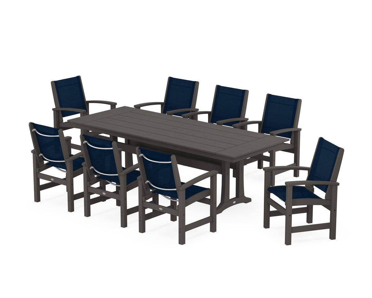 POLYWOOD Coastal 9-Piece Farmhouse Dining Set with Trestle Legs in Vintage Coffee / Navy Blue