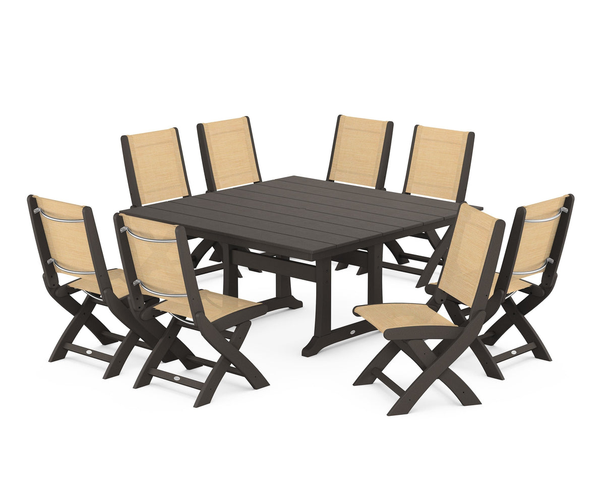 POLYWOOD Coastal Folding Side Chair 9-Piece Farmhouse Dining Set in Vintage Coffee / Dupioni Apricot