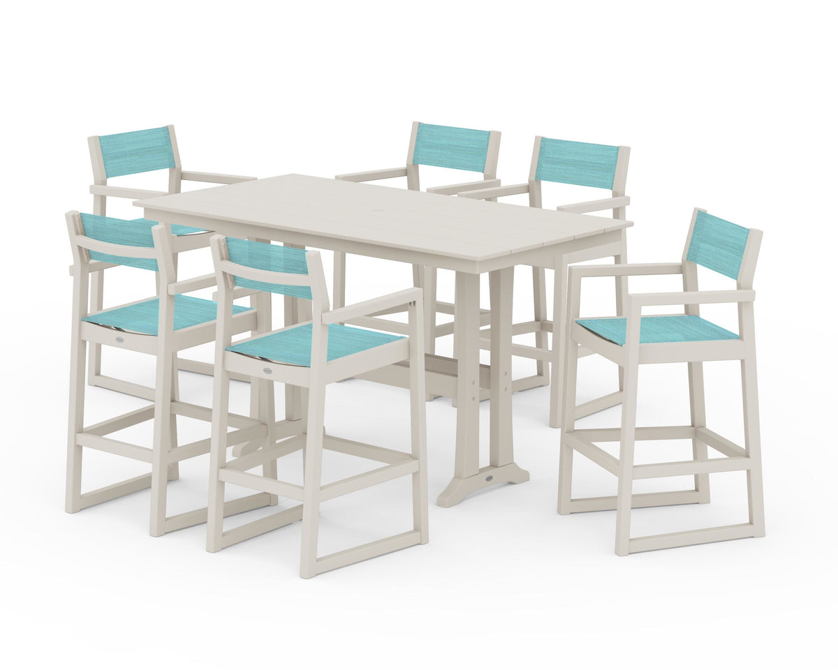 POLYWOOD EDGE Sling Arm Chair 7-Piece Farmhouse Bar Set with Trestle Legs in Sand / Dupioni Aquamarine