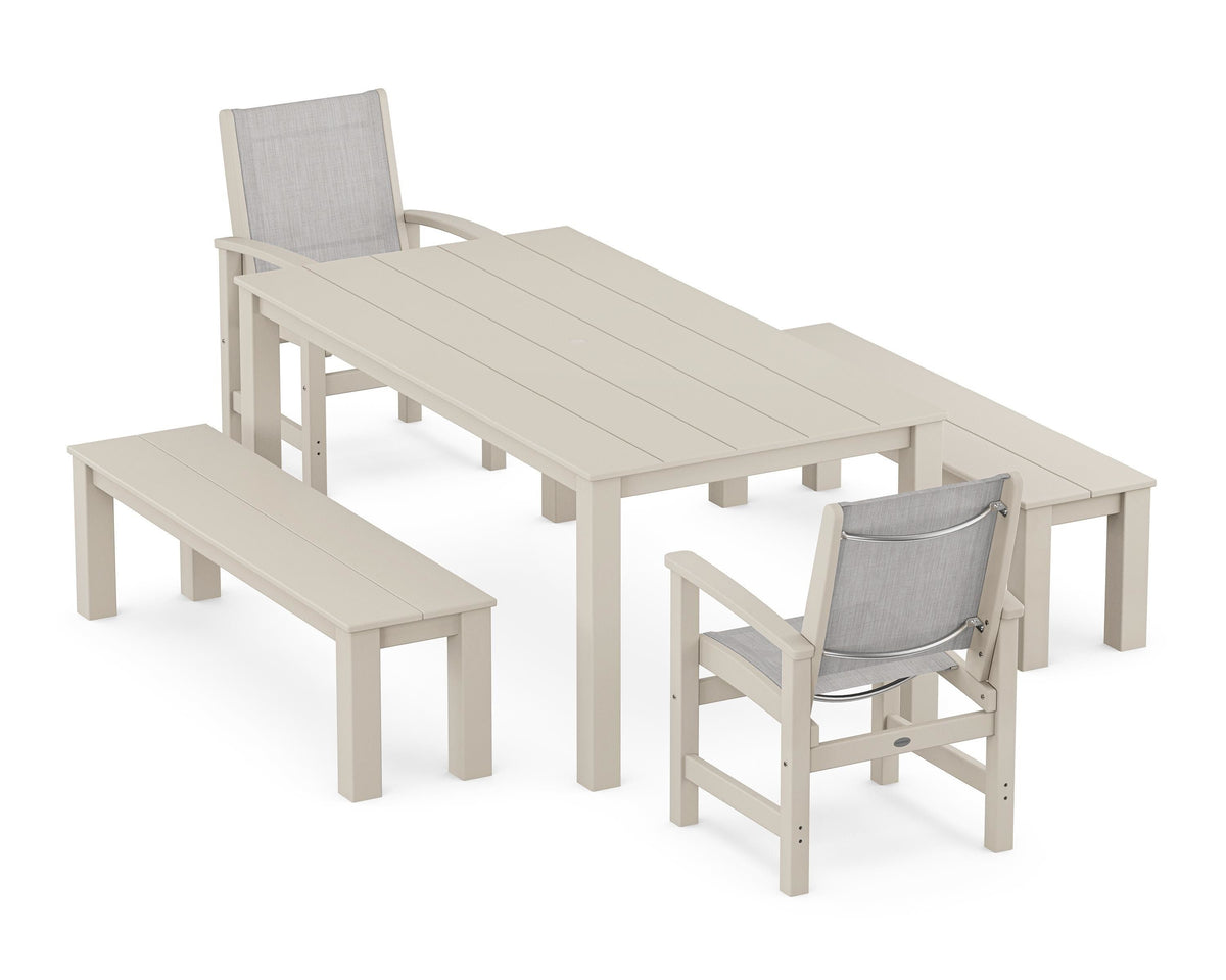 POLYWOOD Coastal 5-Piece Parsons Dining Set with Benches in Sand / Parchment