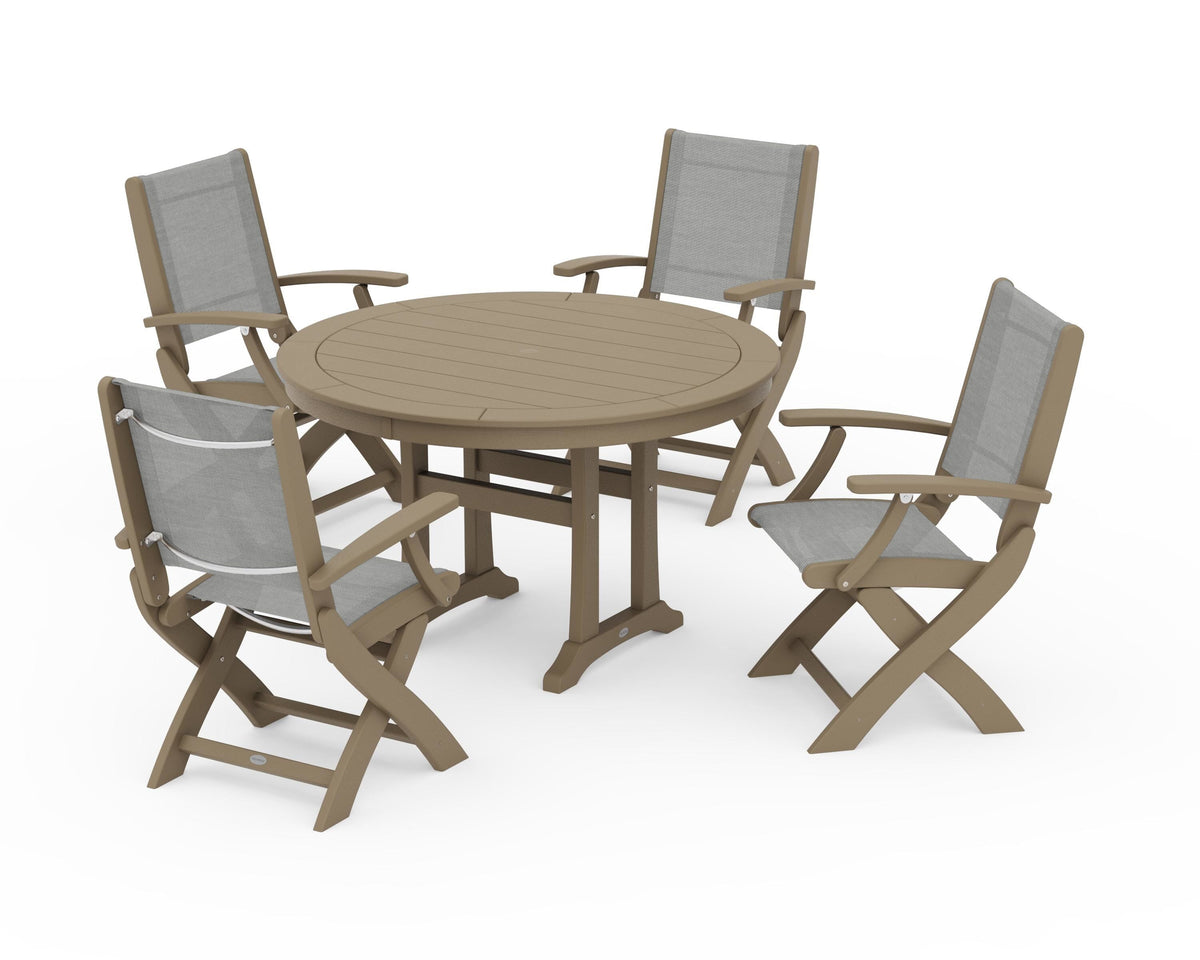 POLYWOOD Coastal Folding Chair 5-Piece Round Dining Set with Trestle Legs in Vintage Sahara / Metallic