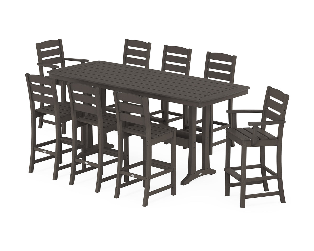 POLYWOOD Lakeside 9-Piece Bar Set with Trestle Legs in Vintage Coffee