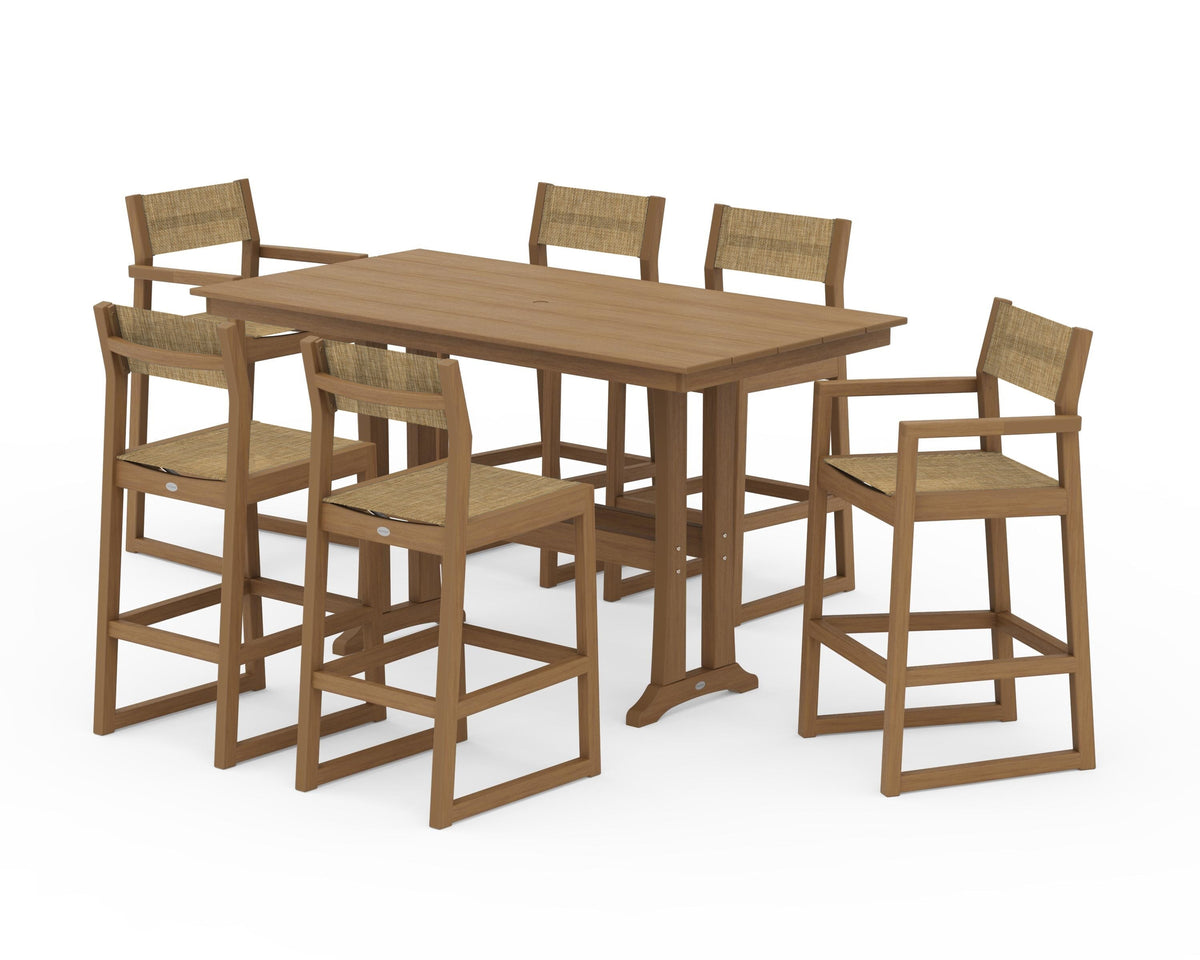 POLYWOOD EDGE Sling 7-Piece Farmhouse Bar Set with Trestle Legs in Natural / Burlap