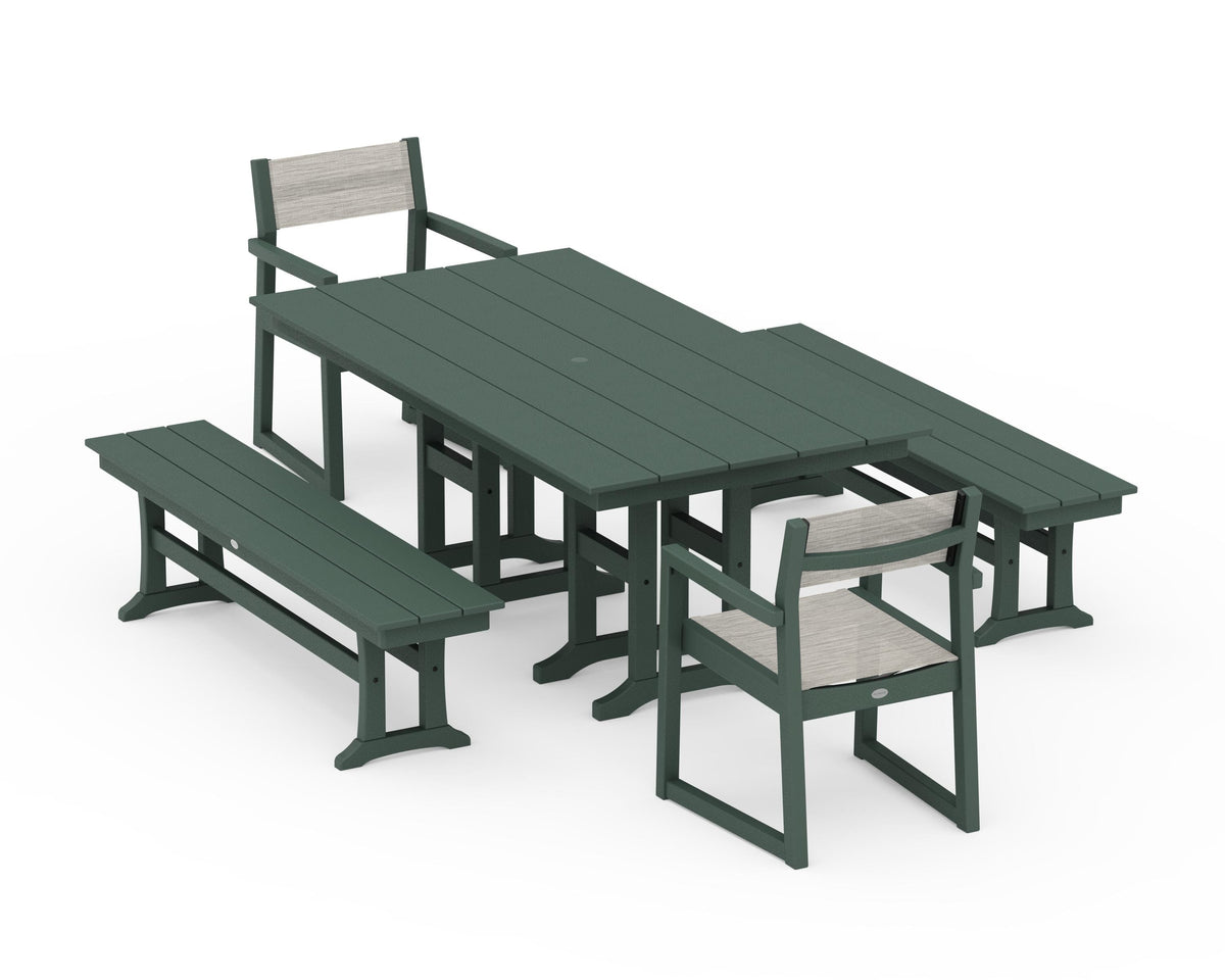 POLYWOOD EDGE Sling Arm Chair 5-Piece Farmhouse Dining Set with Benches in Green / Birch