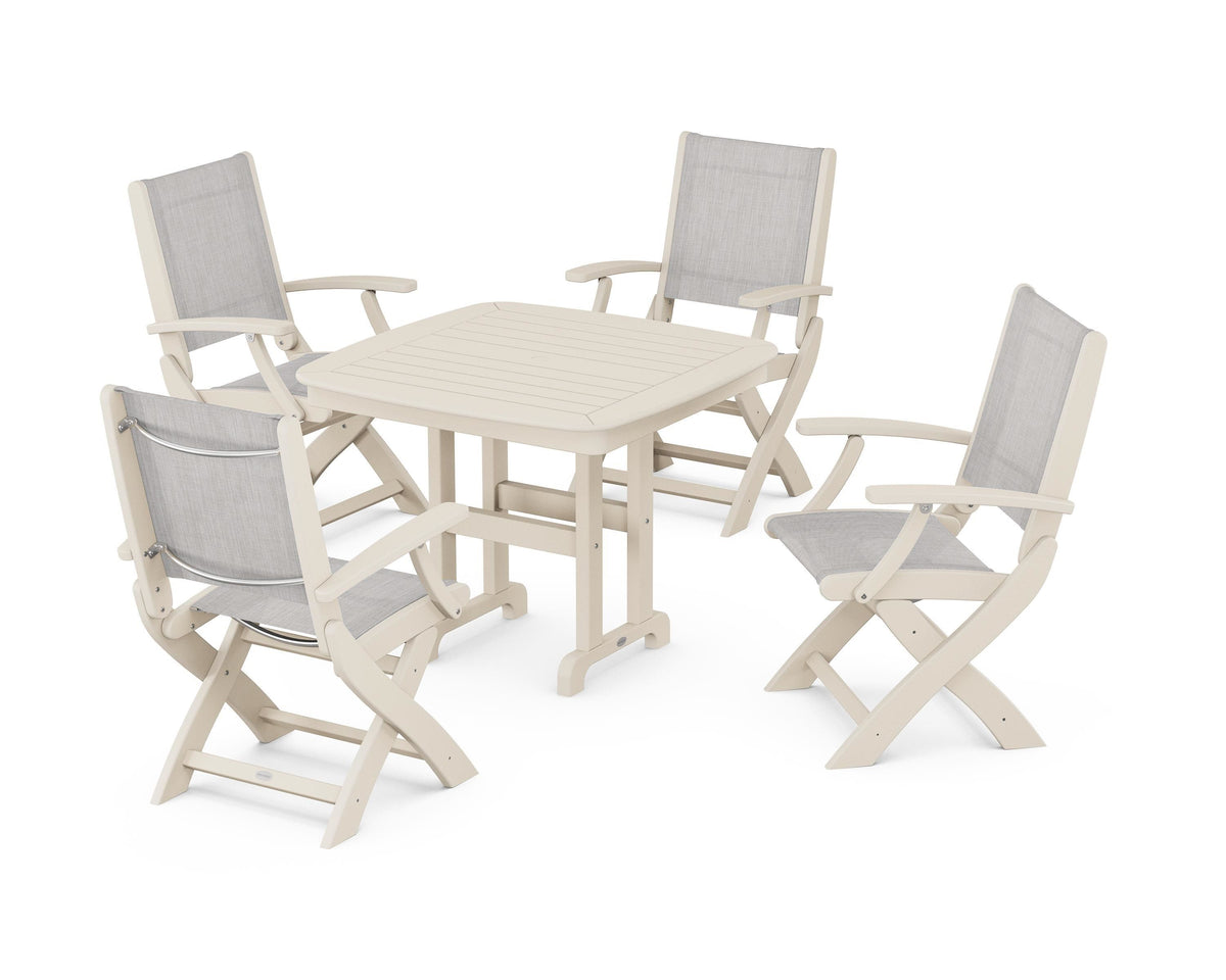 POLYWOOD Coastal Folding Chair 5-Piece Dining Set with Nautical 37" Dining Table in Sand / Parchment