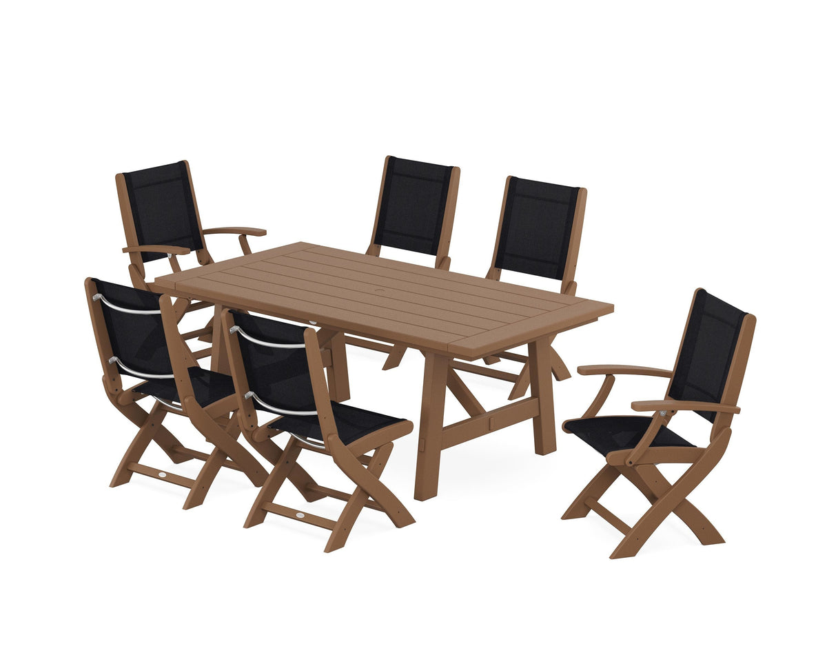 POLYWOOD Coastal Folding Chair 7-Piece Rustic Farmhouse Dining Set in Teak / Black