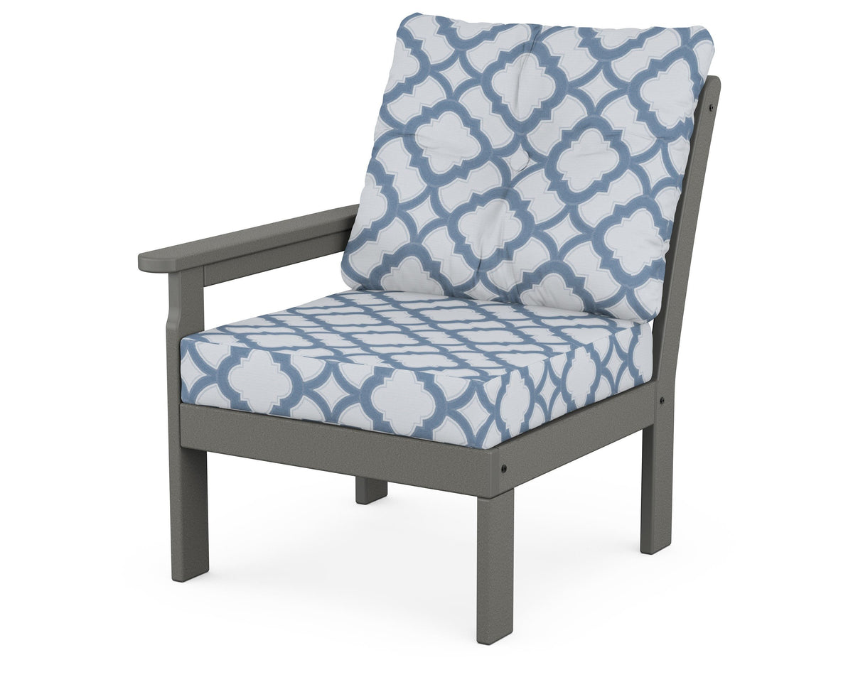 POLYWOOD Vineyard Modular Left Arm Chair in Slate Grey / Trellis Sky Blue