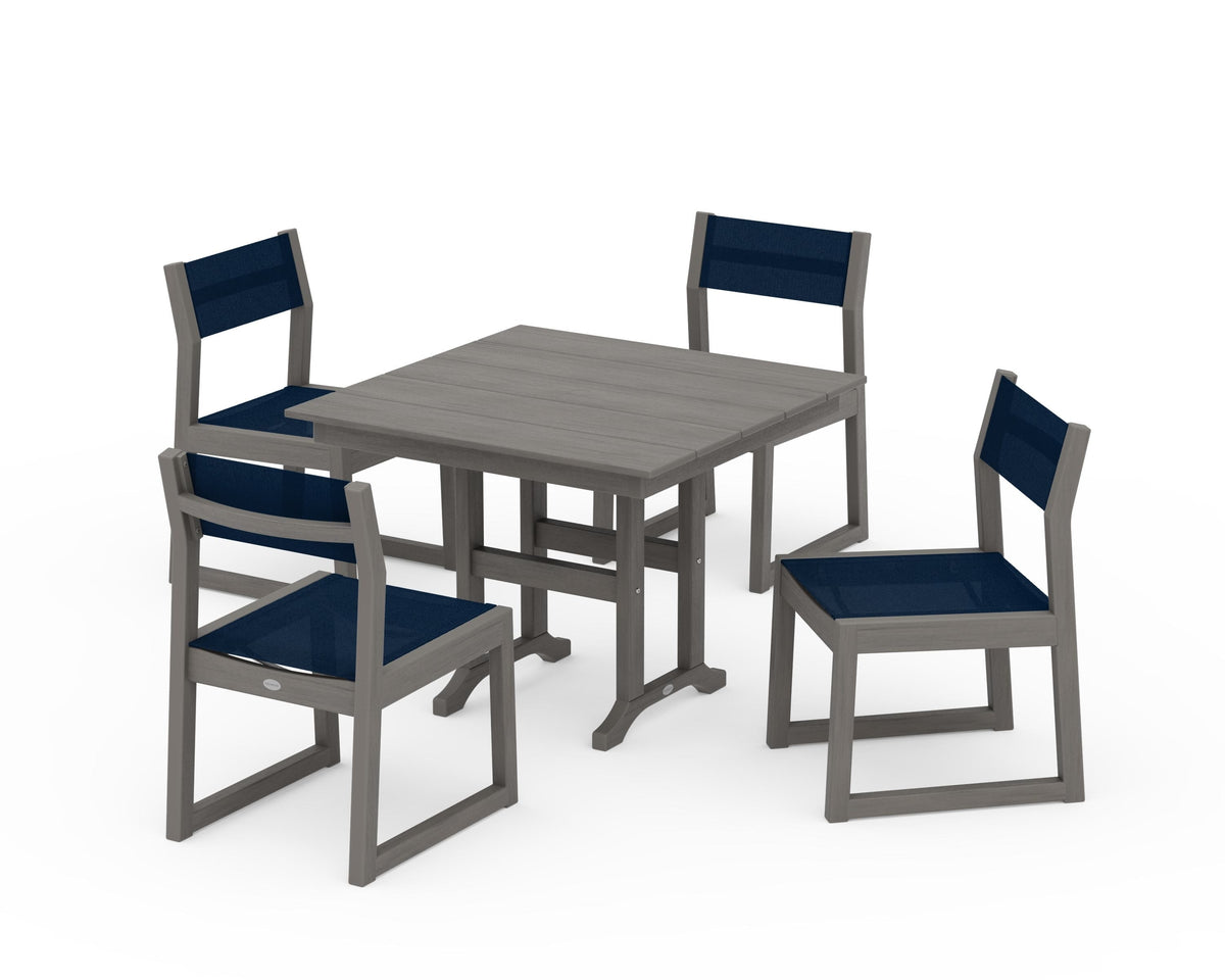 POLYWOOD EDGE Sling Side Chair 5-Piece Farmhouse Dining Set in Driftwood / Navy Blue