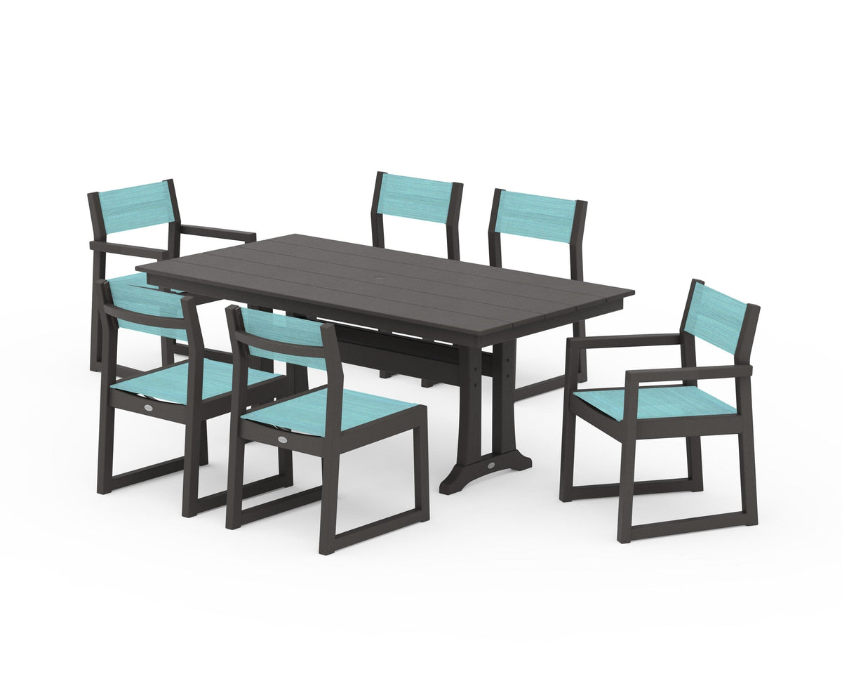 POLYWOOD EDGE Sling 7-Piece Farmhouse Trestle Dining Set in Vintage Coffee / Dupioni Aquamarine