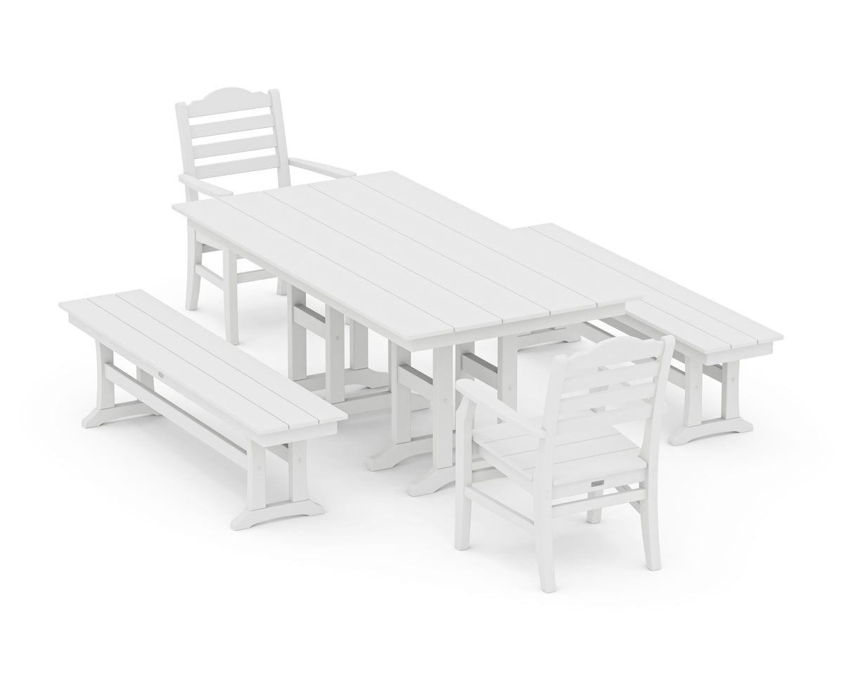 POLYWOOD Savannah 5-Piece Farmhouse Dining Set with Benches in White