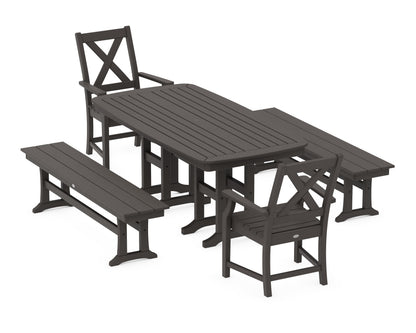 POLYWOOD Braxton 5-Piece Dining Set with Benches - 37" x 72" Table in Vintage Coffee