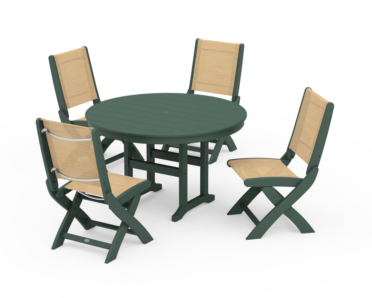 POLYWOOD Coastal Folding Side Chair 5-Piece Round Dining Set in Green / Dupioni Apricot