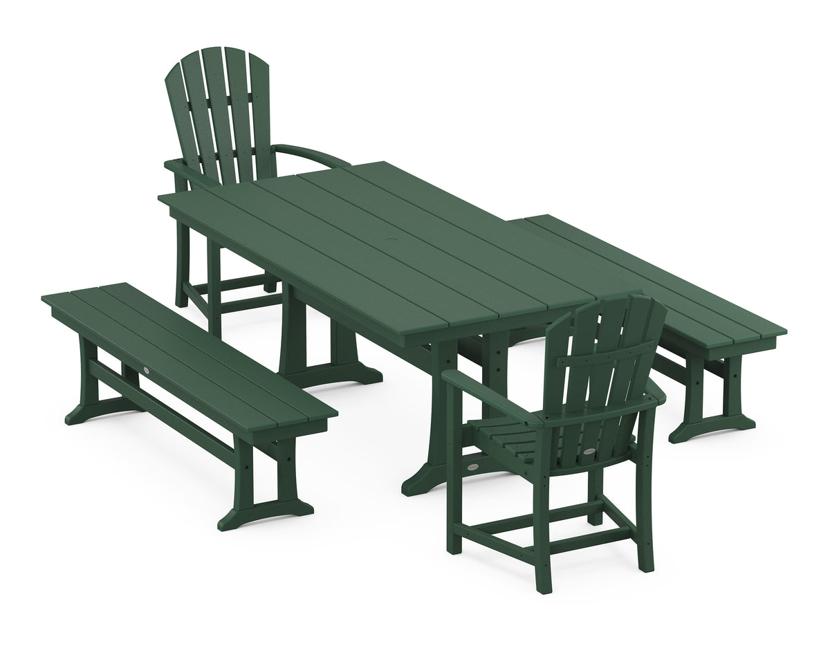 POLYWOOD Palm Coast 5-Piece Farmhouse Dining Set with Trestle Legs - 37" x 72" Table in Green