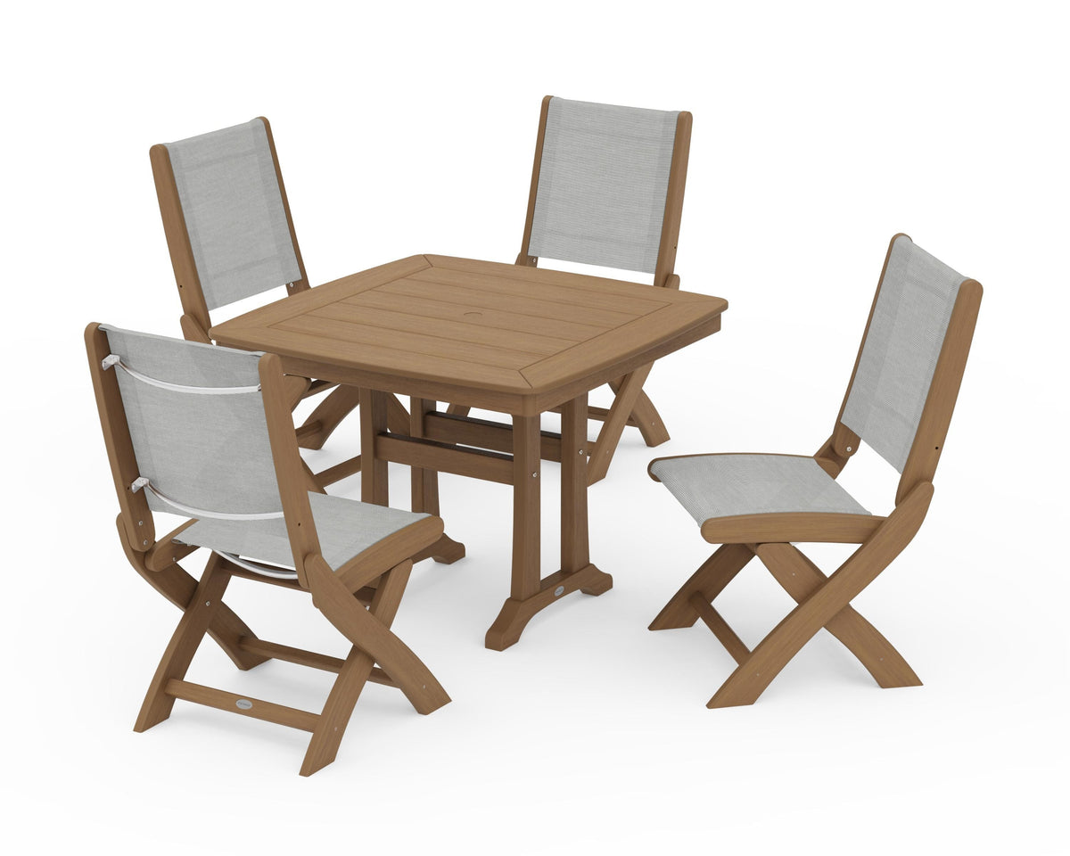 POLYWOOD Coastal Folding Side Chair 5-Piece Dining Set with Trestle Legs in Natural / Metallic