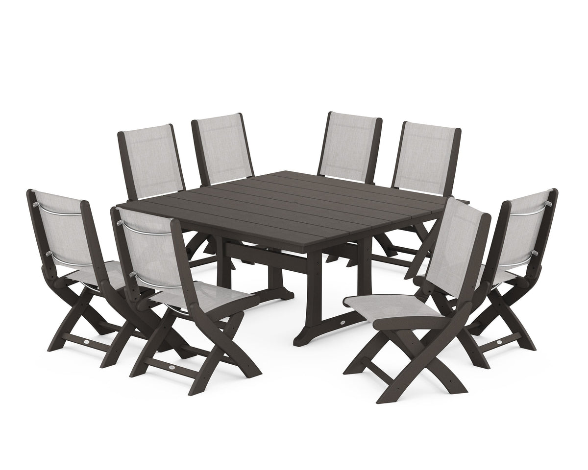 POLYWOOD Coastal Folding Side Chair 9-Piece Farmhouse Dining Set in Vintage Coffee / Parchment