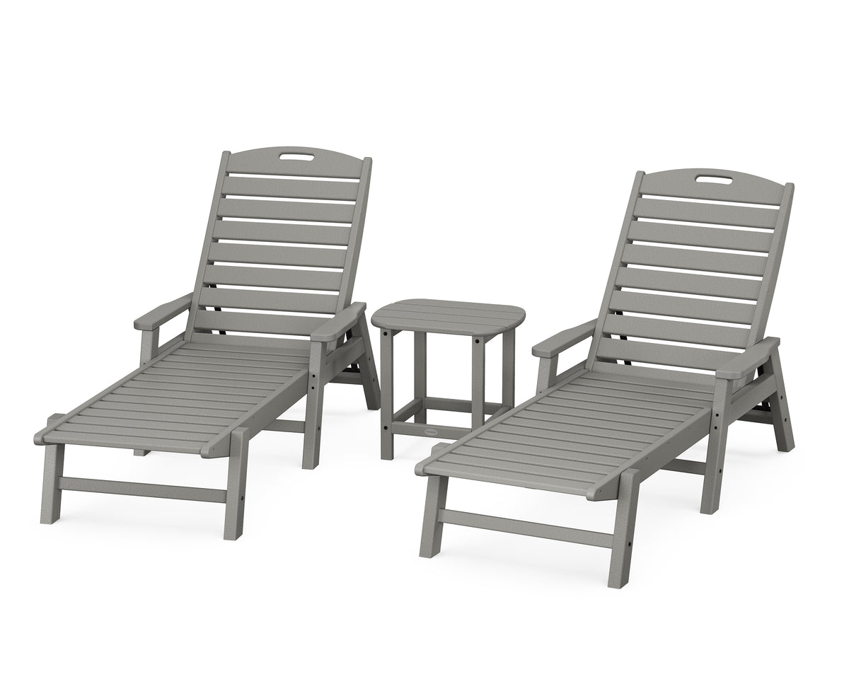 POLYWOOD Nautical 3-Piece Chaise Set with South Beach 18" Side Table in Slate Grey