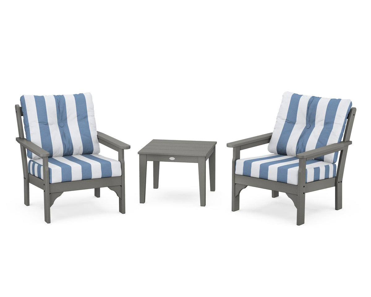 POLYWOOD Vineyard 3-Piece Deep Seating Set in Slate Grey / Cabana Stripe Sky Blue