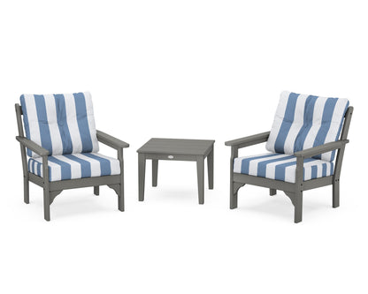 POLYWOOD Vineyard 3-Piece Deep Seating Set in Slate Grey / Cabana Stripe Sky Blue