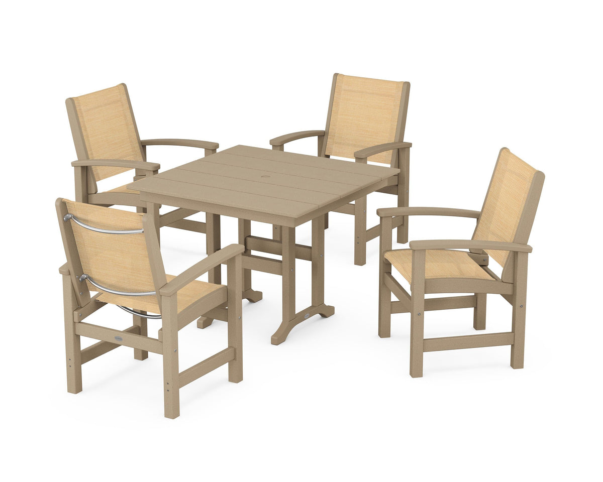 POLYWOOD Coastal 5-Piece Farmhouse Dining Set with Farmhouse 37" Dining Table in Vintage Sahara / Dupioni Apricot