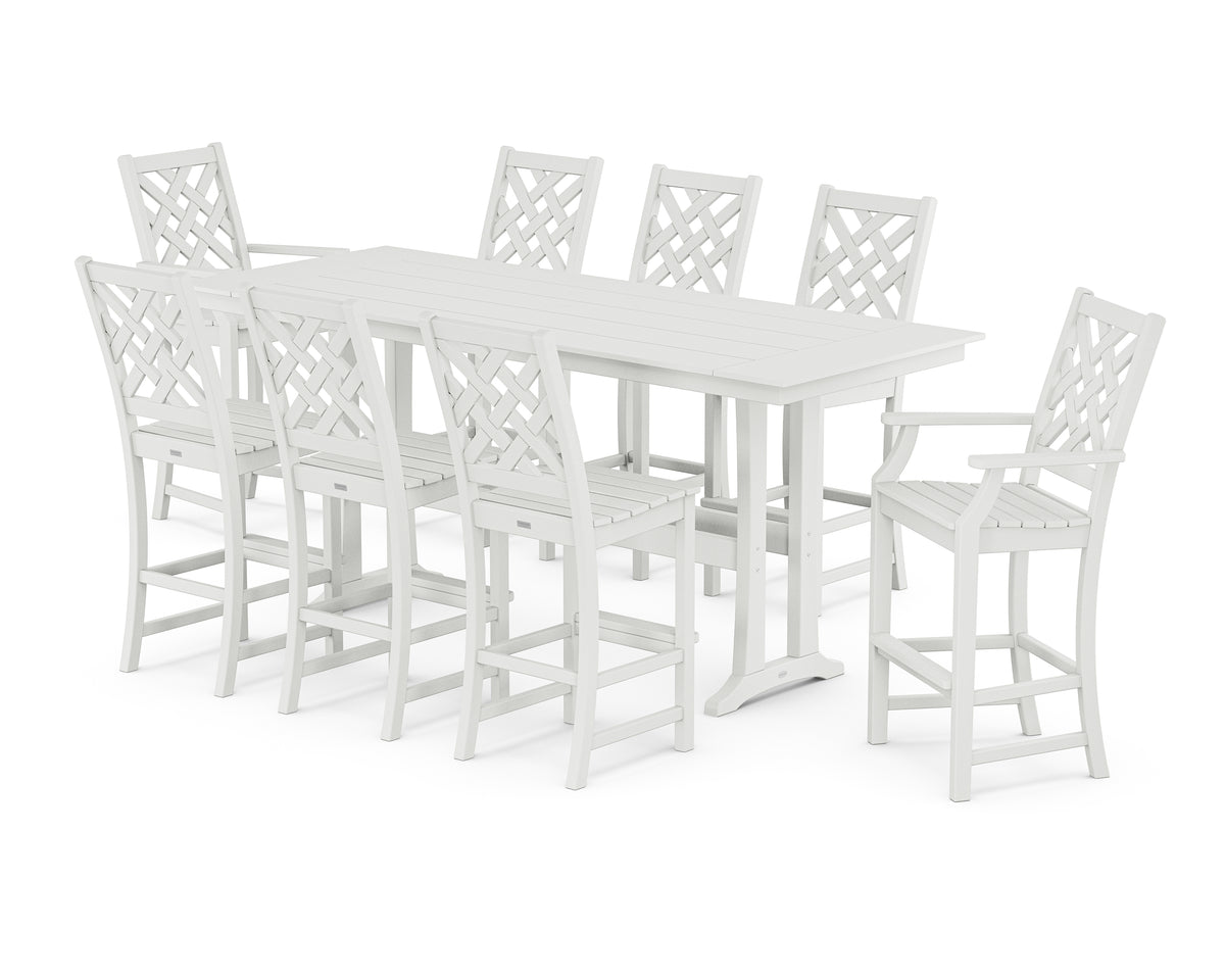 POLYWOOD Country Living Wovendale 9-Piece Farmhouse Bar Set with Trestle Legs in White