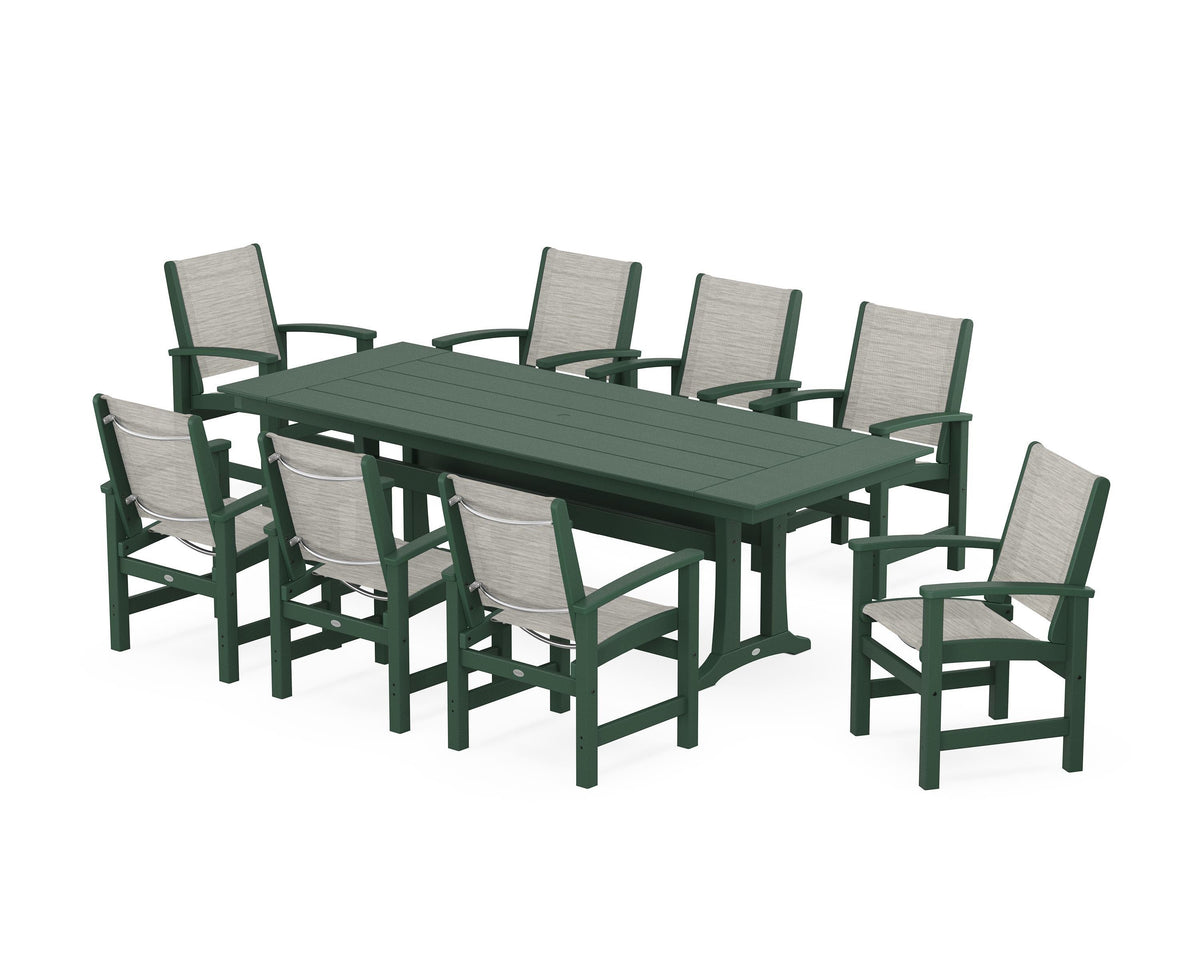 POLYWOOD Coastal 9-Piece Farmhouse Dining Set with Trestle Legs in Green / Birch