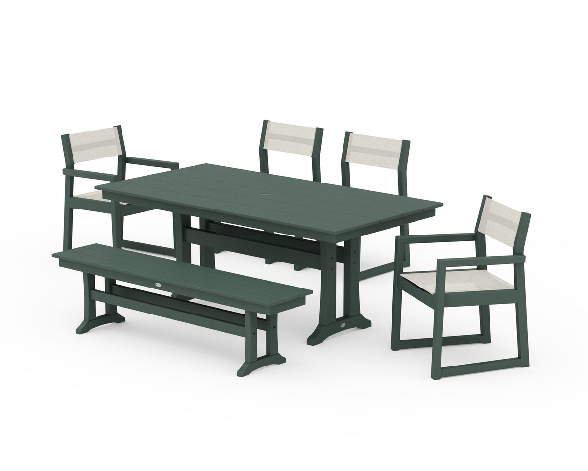 POLYWOOD EDGE Sling 6-Piece Farmhouse Dining Set With Trestle Legs in Green / Parchment