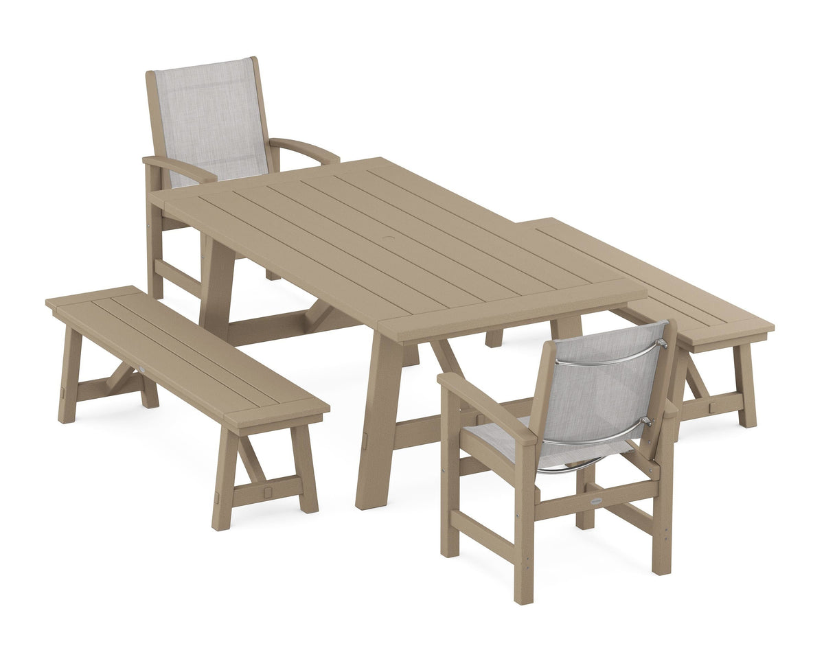 POLYWOOD Coastal 5-Piece Rustic Farmhouse Dining Set With Benches in Vintage Sahara / Parchment